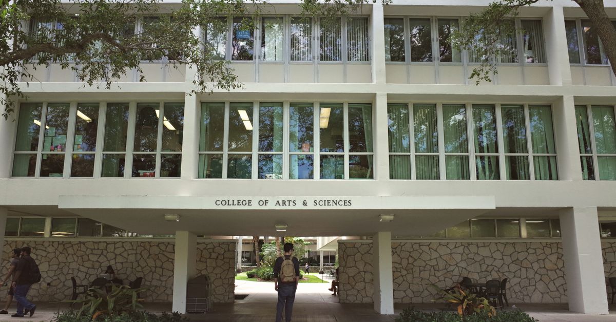 Entrance to the College of Arts & Sciences at the University of Miami in Coral Gables, Florida.